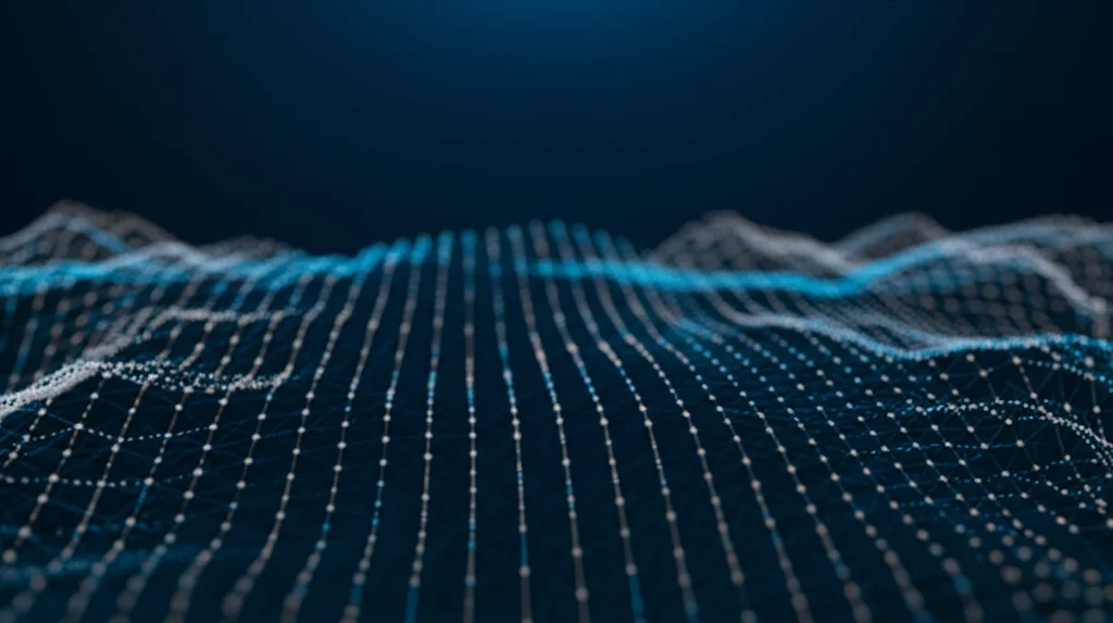 Visualizzazione astratta di linee fluide e punti dati interconnessi su uno sfondo scuro, che rappresenta l'analisi matematica del linguaggio e concetti come smoothing operator e covariazioni. Macro lens, 80mm, high detail, controlled lighting, duotono blu e grigio.