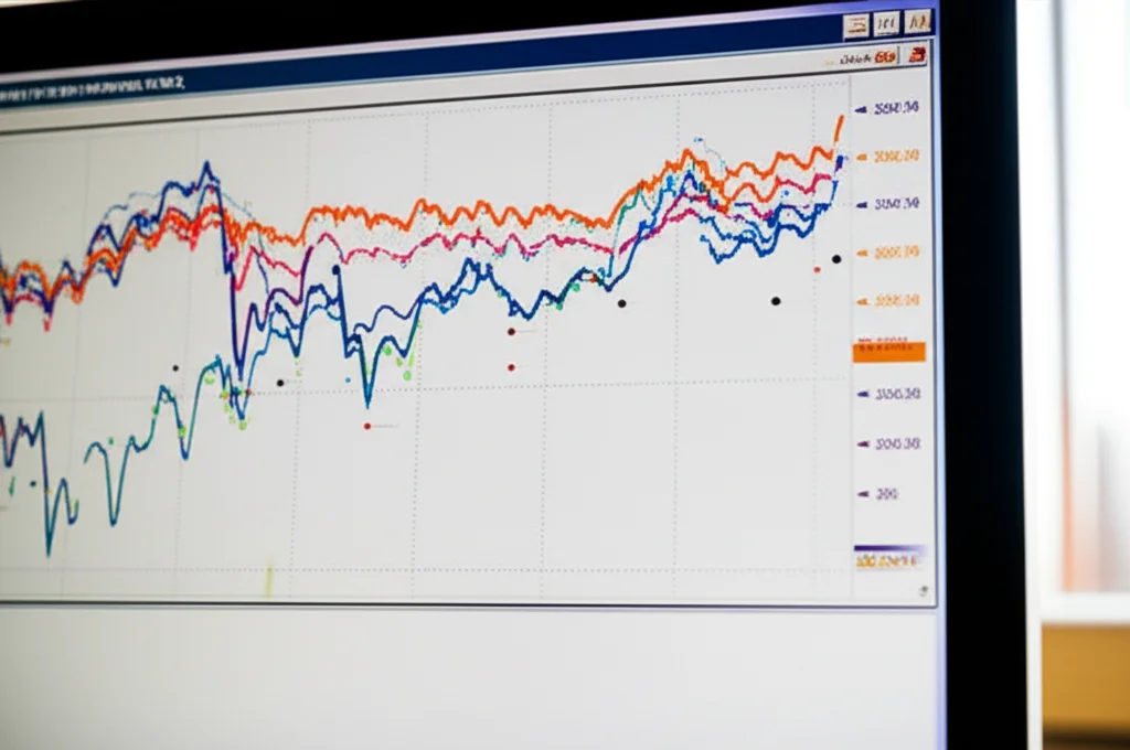 Primo piano di un monitor che mostra grafici complessi con linee colorate (blu, arancione, rosso, puntinato) che fluttuano nel tempo, rappresentanti dati di un processo psicoterapeutico analizzati con misure linguistiche computerizzate. Obiettivo prime, 50mm, profondità di campo ridotta, focus sullo schermo, illuminazione controllata da ufficio.
