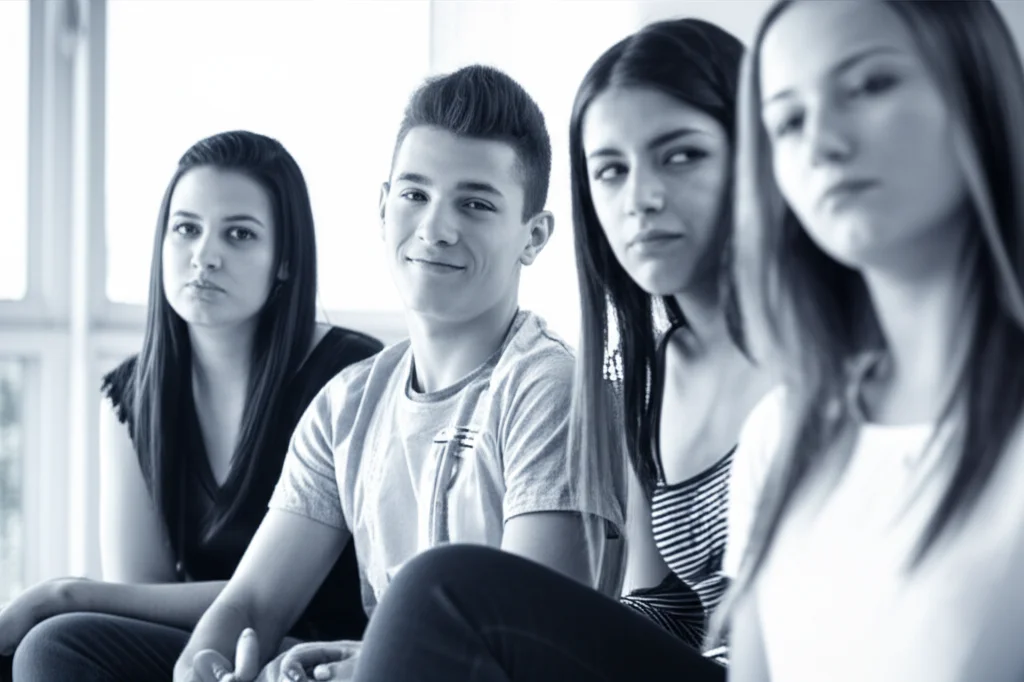 Fotografia stile ritratto di un gruppo diversificato di adolescenti seduti uno accanto all'altro, ognuno guarda uno schermo individuale appena fuori dall'inquadratura. I loro volti mostrano una gamma di espressioni spontanee: un ragazzo sorride leggermente, una ragazza ha le sopracciglia aggrottate per il disgusto, un altro ha un'espressione neutra. L'illuminazione è morbida e naturale, proveniente da una finestra laterale. Utilizzare un obiettivo prime da 35mm, profondità di campo ridotta per sfocare leggermente lo sfondo. Toni duotone blu e grigio per un'atmosfera calma e riflessiva.