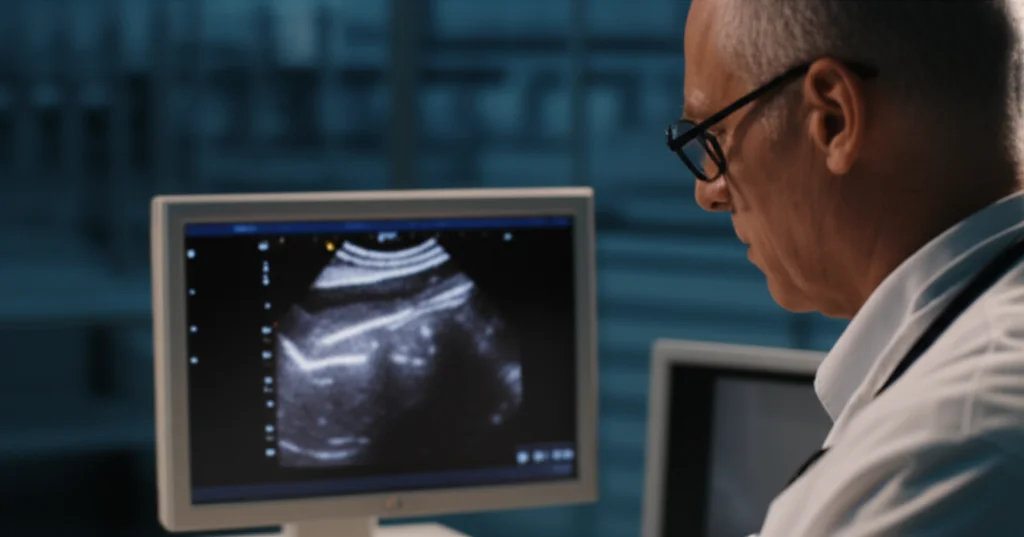 Fotografia di un medico che esamina attentamente un'ecografia epatica su uno schermo ad alta definizione in una stanza poco illuminata, stile film noir, per sottolineare l'importanza della diagnosi precoce tramite sorveglianza. Prime lens, 35mm, depth of field.