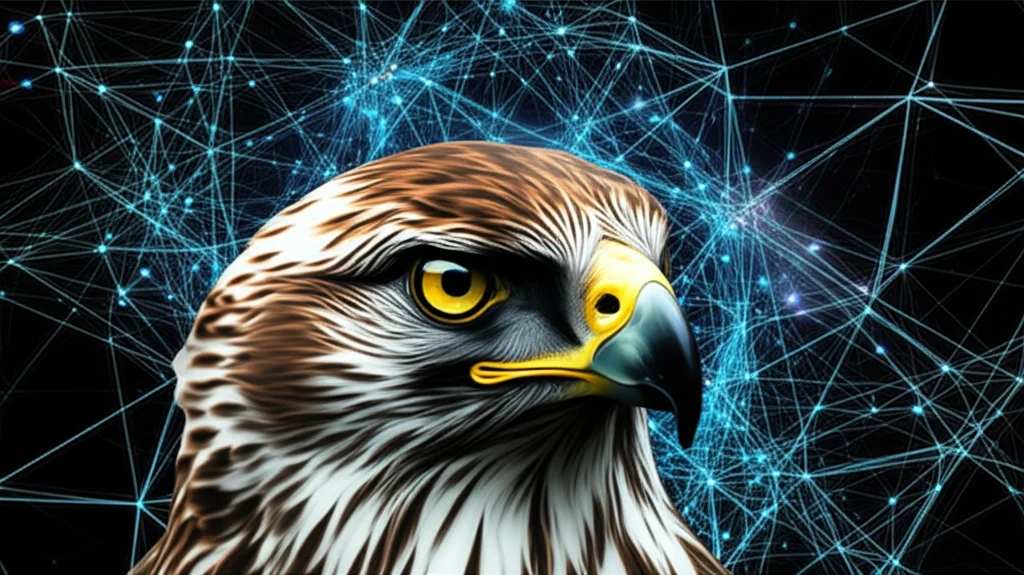 Visualizzazione concettuale astratta di una rete neurale bio-ispirata. Strati luminosi interconnessi che ricordano circuiti biologici e l'occhio di un falco sovrapposto, simboleggiando l'analisi spaziale e temporale. Illuminazione controllata, high detail, macro lens 90mm.
