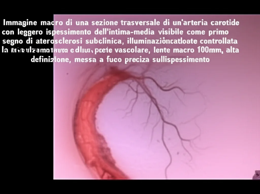Immagine macro di una sezione trasversale di un'arteria carotide con leggero ispessimento dell'intima-media visibile come primo segno di aterosclerosi subclinica, illuminazione controllata laterale per evidenziare la texture della parete vascolare, lente macro 100mm, alta definizione, messa a fuoco precisa sull'ispessimento.