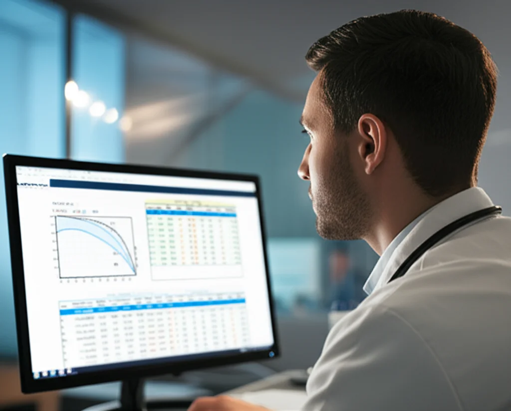 Medico o ricercatore che analizza dati su un computer in un ambiente di laboratorio clinico, con grafici di curve ROC e tabelle di dati statistici visibili sullo schermo, profondità di campo ridotta per mettere a fuoco lo schermo e il volto concentrato del ricercatore, obiettivo prime 50mm, luce ambientale da ufficio.