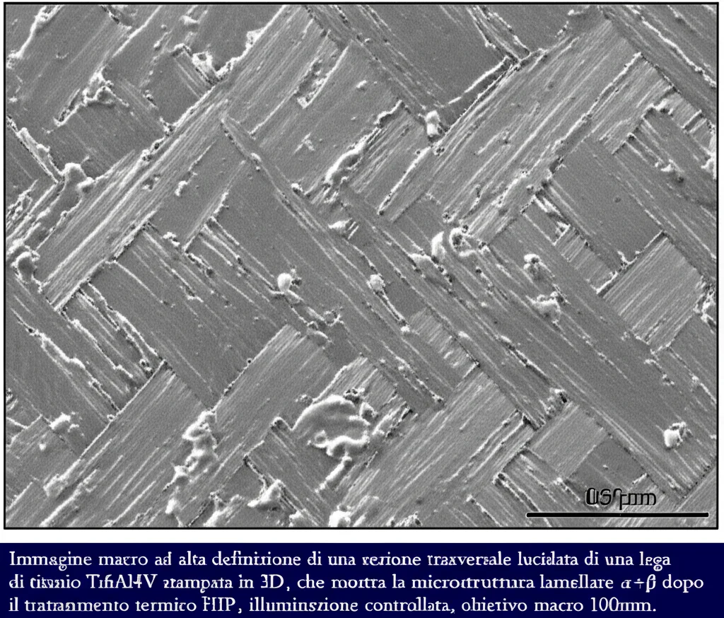 Immagine macro ad alta definizione di una sezione trasversale lucidata di una lega di titanio Ti6Al4V stampata in 3D, che mostra la microstruttura lamellare α+β dopo il trattamento termico HIP, illuminazione controllata, obiettivo macro 100mm.