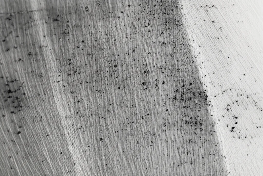 Fotografia macro di una superficie metallica in lega di titanio Ti6Al4V dopo un test di immersione in acido nitrico caldo, che mostra tracce di corrosione lamellare e l'assenza di pitting profondo, messa a fuoco precisa, obiettivo macro 80mm.