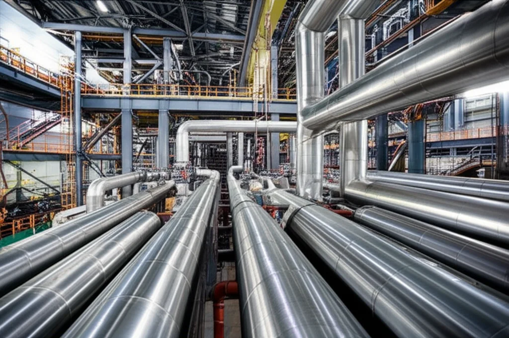 Fotografia grandangolare di un impianto industriale complesso, forse un impianto di ritrattamento nucleare, con tubazioni e serbatoi in metallo lucido (titanio), luce industriale, obiettivo grandangolare 20mm, messa a fuoco nitida.