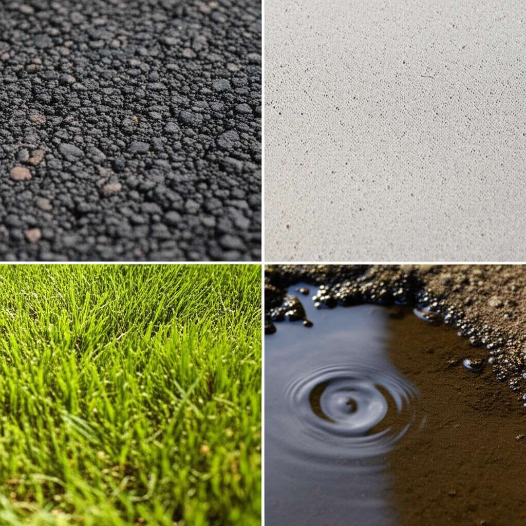 Fotografia macro di diverse superfici urbane sotto il sole estivo - asfalto scuro, cemento chiaro, erba verde, acqua - con dettagli precisi sulla texture e l'illuminazione controllata, obiettivo macro 85mm.