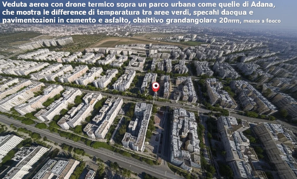 Veduta aerea con drone termico sopra un parco urbano come quello di Adana, che mostra le differenze di temperatura tra aree verdi, specchi d'acqua e pavimentazioni in cemento e asfalto, obiettivo grandangolare 20mm, messa a fuoco nitida.