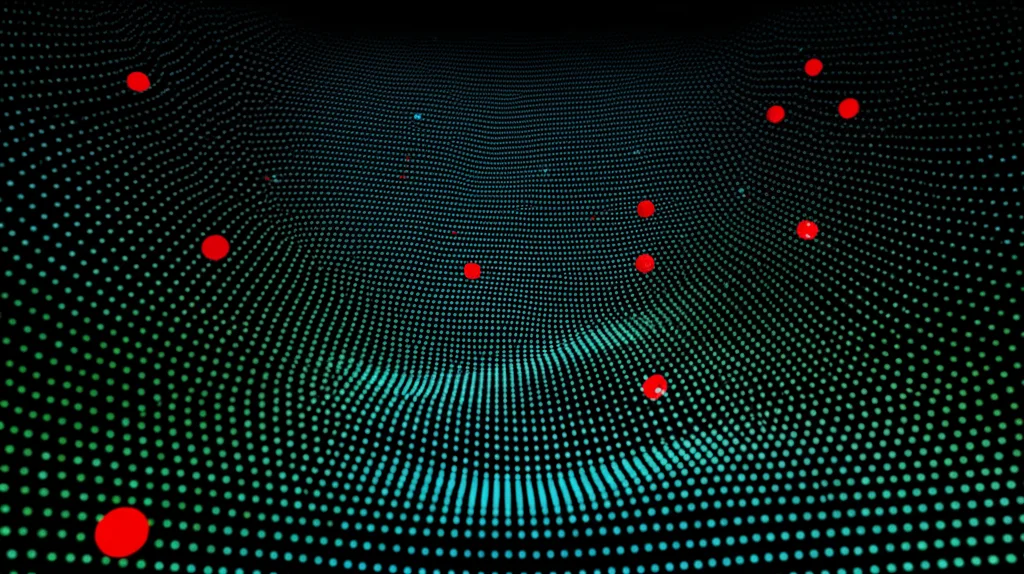 Visualizzazione dati astratta, rendering 3D, punti luminosi che rappresentano dati normali (blu/verdi), punti rossi isolati che rappresentano anomalie (guasti), sfondo scuro, senso di profondità, alto dettaglio, concetto di Isolation Forest.