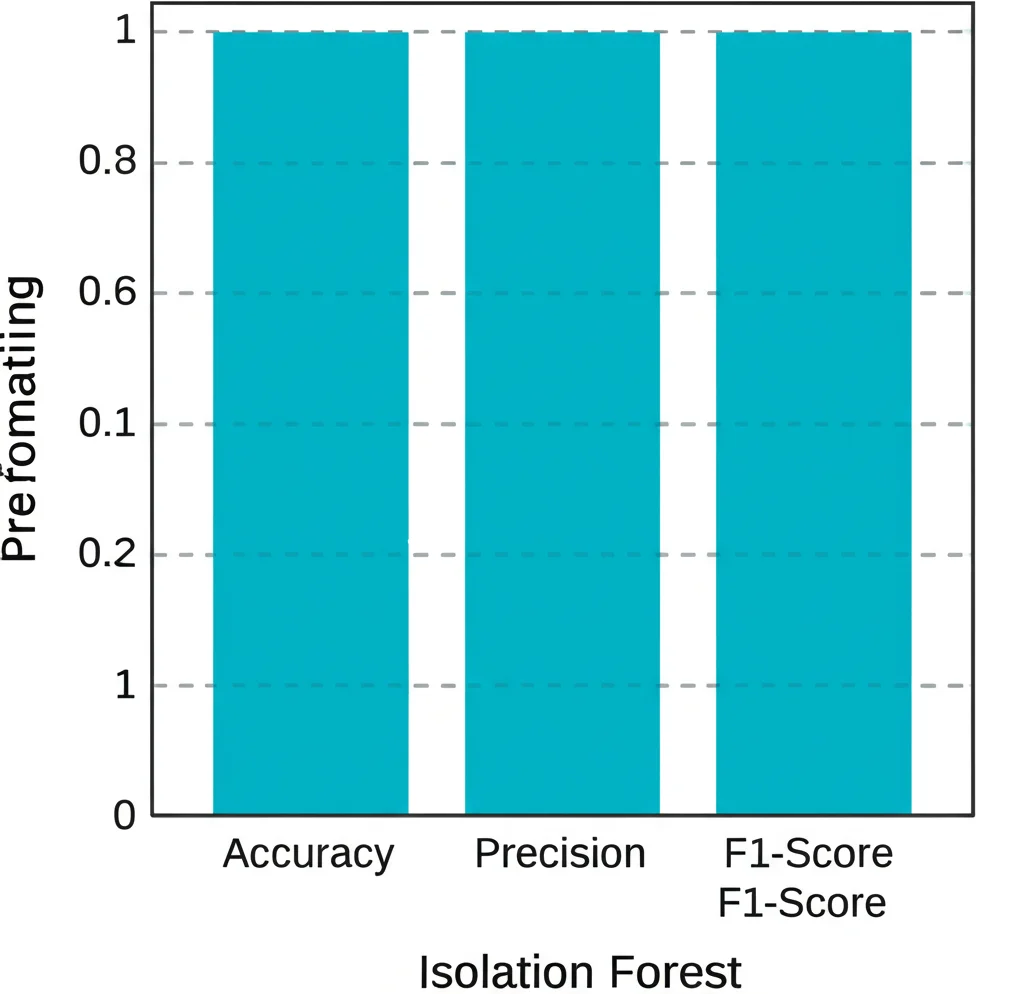 Grafico a barre in stile infografica pulita che confronta le metriche di performance (Accuracy, Precision, F1-Score) di diversi modelli di machine learning. La barra dell'Isolation Forest è evidenziata e la più alta, design professionale, messa a fuoco nitida.
