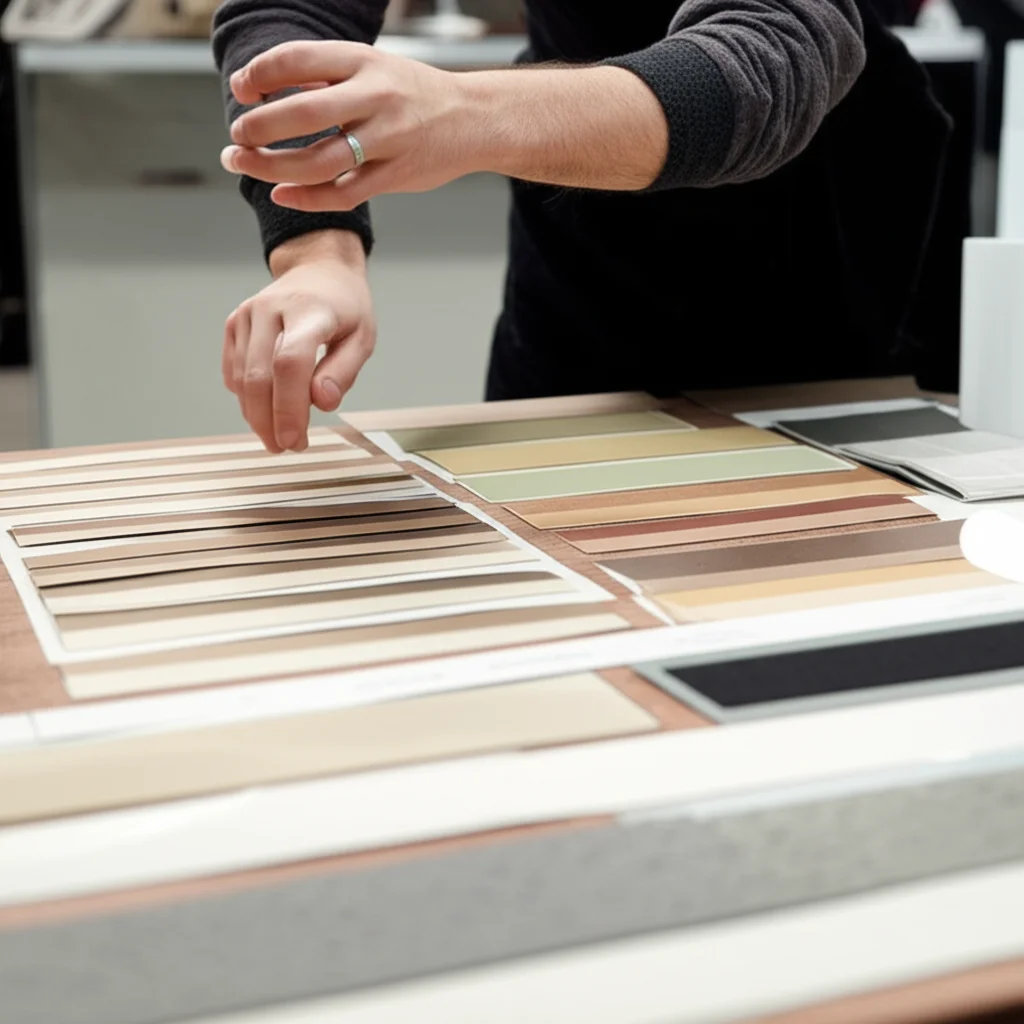 Primo piano di un architetto o urbanista che sceglie campioni di materiali per pavimentazione esterna, alcuni chiari e naturali, altri scuri e artificiali, fotografia ritratto con obiettivo 35mm, profondità di campo ridotta per focalizzare sui materiali.
