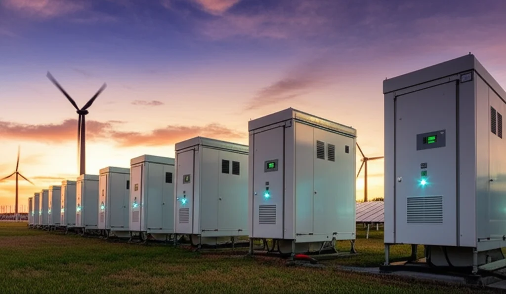 Fotografia grandangolare, 18mm, di un moderno impianto industriale con file di inverter di potenza collegati a pannelli solari o turbine eoliche al tramonto, luci operative accese sugli inverter, messa a fuoco nitida, lunga esposizione per nuvole mosse, atmosfera high-tech e affidabile.