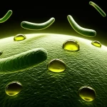 Immagine concettuale che mostra una superficie protettiva antimicrobica creata da bozzoli di seta e olio di moringa che respinge batteri stilizzati, lente 50mm, illuminazione drammatica, alta definizione.