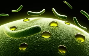 Immagine concettuale che mostra una superficie protettiva antimicrobica creata da bozzoli di seta e olio di moringa che respinge batteri stilizzati, lente 50mm, illuminazione drammatica, alta definizione.