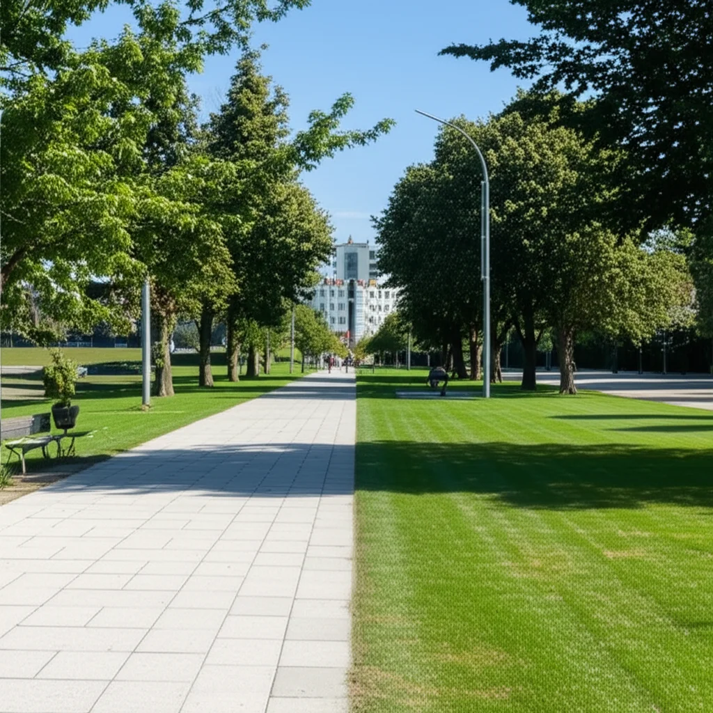 Immagine fotorealistica di un parco urbano diviso a metà: una parte con pavimentazione scura in asfalto e poche piante sotto un sole cocente, l'altra con erba rigogliosa, alberi ombrosi e uno specchio d'acqua fresco, obiettivo grandangolare 18mm, messa a fuoco nitida, contrasto evidente tra le due aree per illustrare l'impatto dei materiali sul microclima.