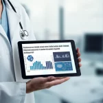 Medico che utilizza un tablet con interfaccia EHR (Cartella Clinica Elettronica) per analizzare grafici e indicatori di qualità relativi alla gestione dell'osteoporosi, sfondo sfocato di uno studio medico moderno e luminoso, focus sui dati digitali, tecnologia sanitaria, obiettivo prime 35mm, profondità di campo, illuminazione controllata e pulita.