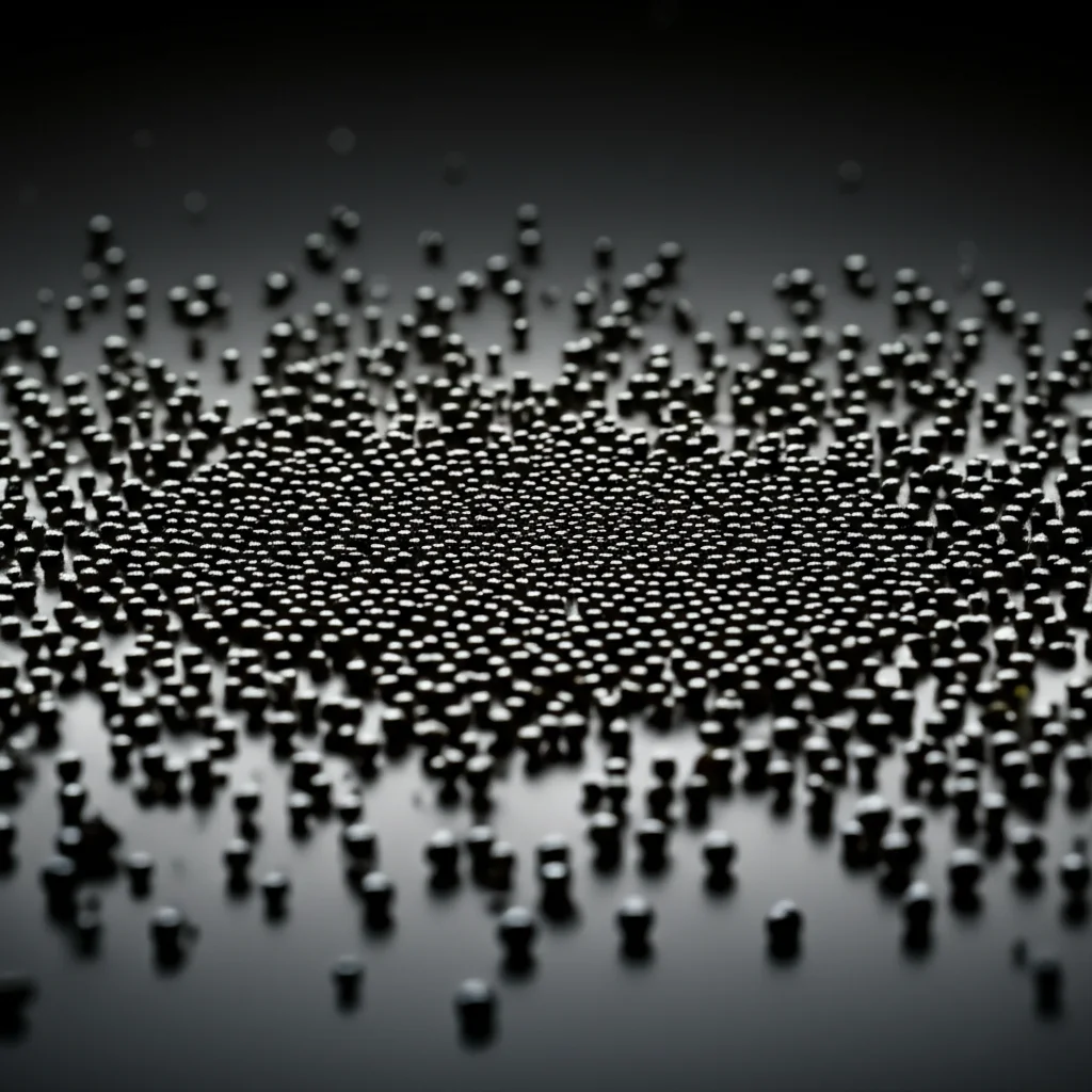 Object photography, Macro lens, 60mm, High detail, precise focusing, controlled lighting of a magnetic field attracting dark nanoparticles, symbolizing their magnetic properties.