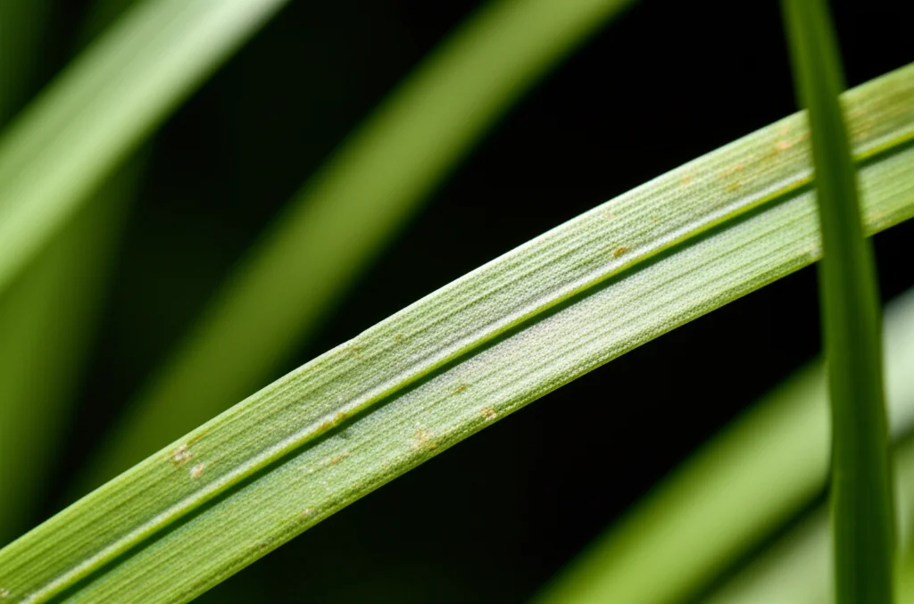 Macro photograph of a Spartina alterniflora leaf showing signs of stress, with high detail, precise focusing, and controlled lighting, 100mm macro lens.