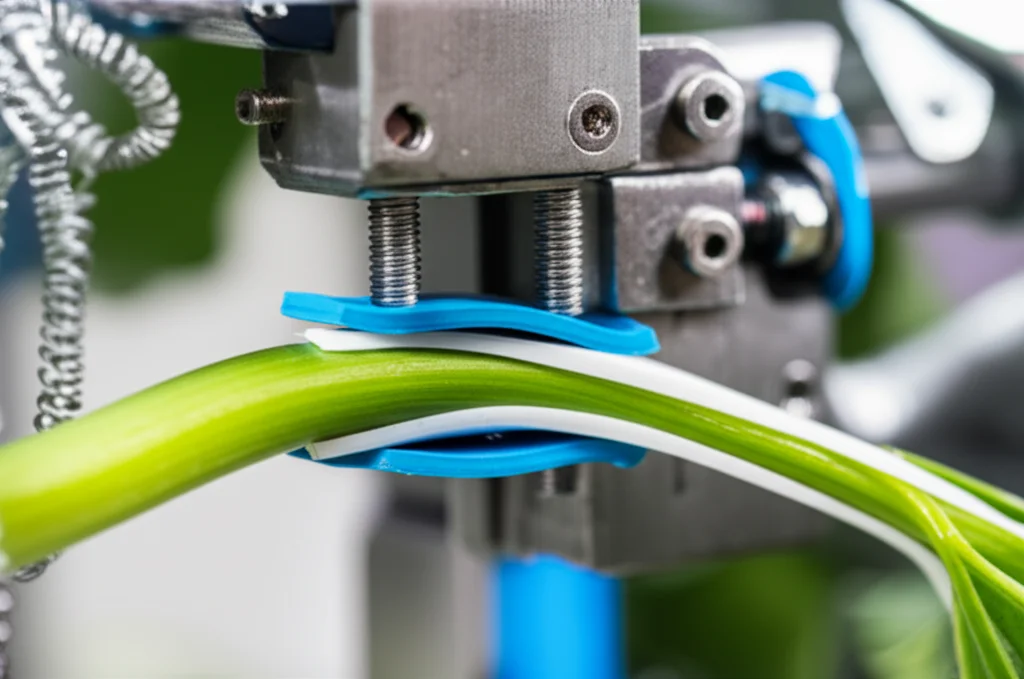 Photorealistic image of a vegetable grafting machine's clamping mechanism, showing flexible EVA material gripping a delicate plant stem, high detail, precise focusing, controlled lighting, macro lens, 60mm.