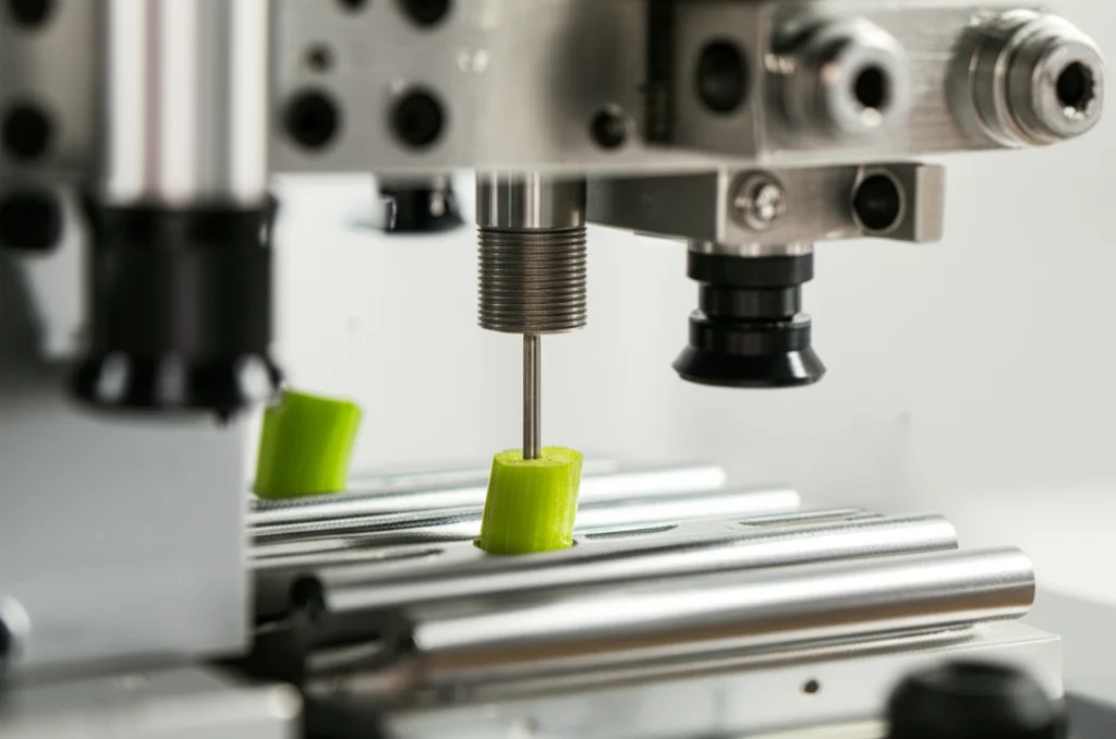 Photorealistic image showing a close-up view of a vegetable grafting machine's punching mechanism inserting a needle into a rootstock stem, high detail, precise focusing, controlled lighting, macro lens, 105mm.