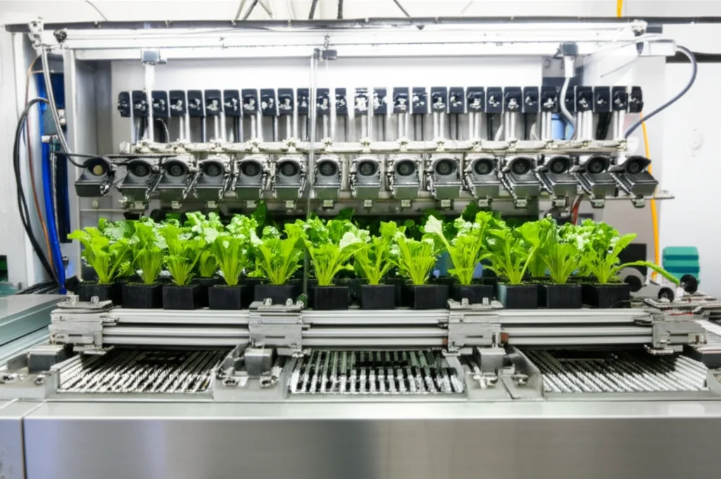 Photorealistic image of a vegetable grafting machine in operation, showing multiple plant seedlings being processed simultaneously, high detail, precise focusing, controlled lighting, objects, plants.
