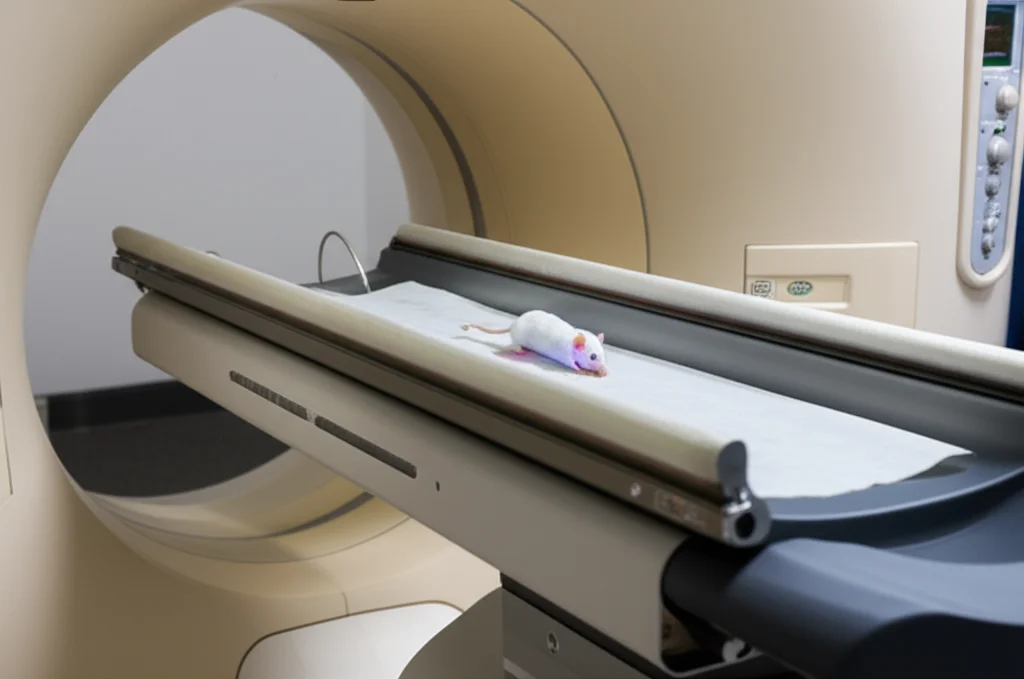 Photorealistic image of a SPECT-CT scanner with a mouse model inside, highlighting radioactive tracer uptake in a tumor, telephoto zoom, 100mm, precise focusing, controlled lighting.