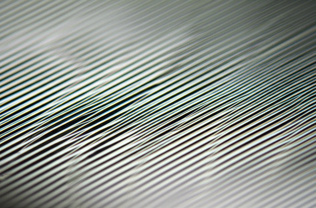Objects, Macro lens, 60mm, High detail, precise focusing, controlled lighting, Close-up of two overlaid gratings creating a moiré fringe pattern, showing the visual amplification effect.