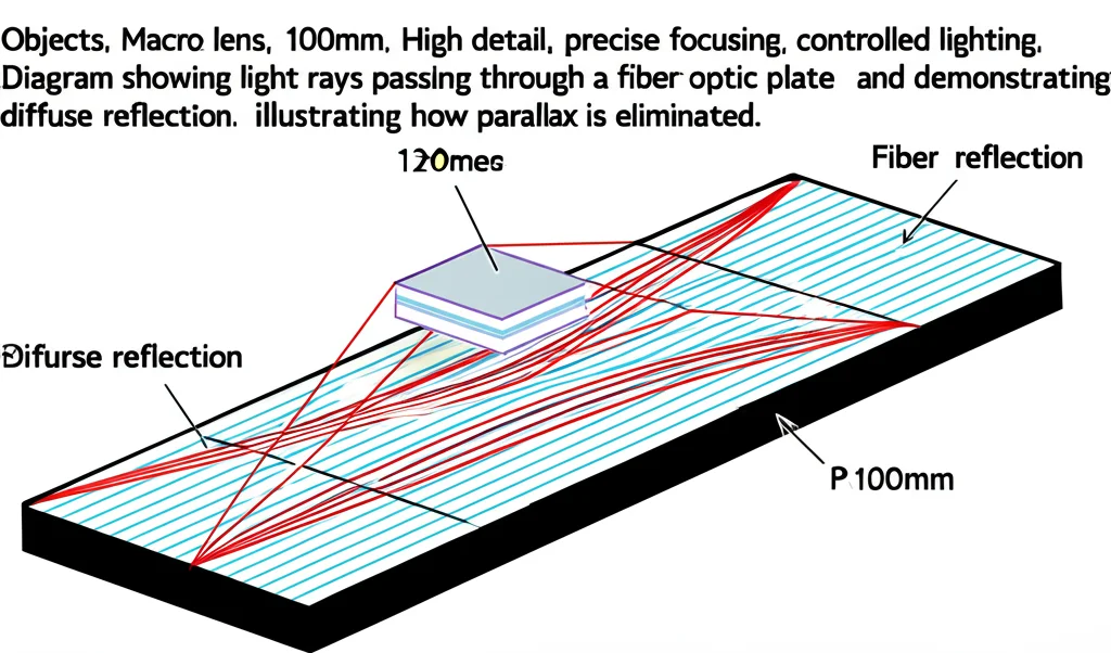 Objects, Macro lens, 100mm, High detail, precise focusing, controlled lighting, Diagram showing light rays passing through a fiber optic plate and demonstrating diffuse reflection, illustrating how parallax is eliminated.