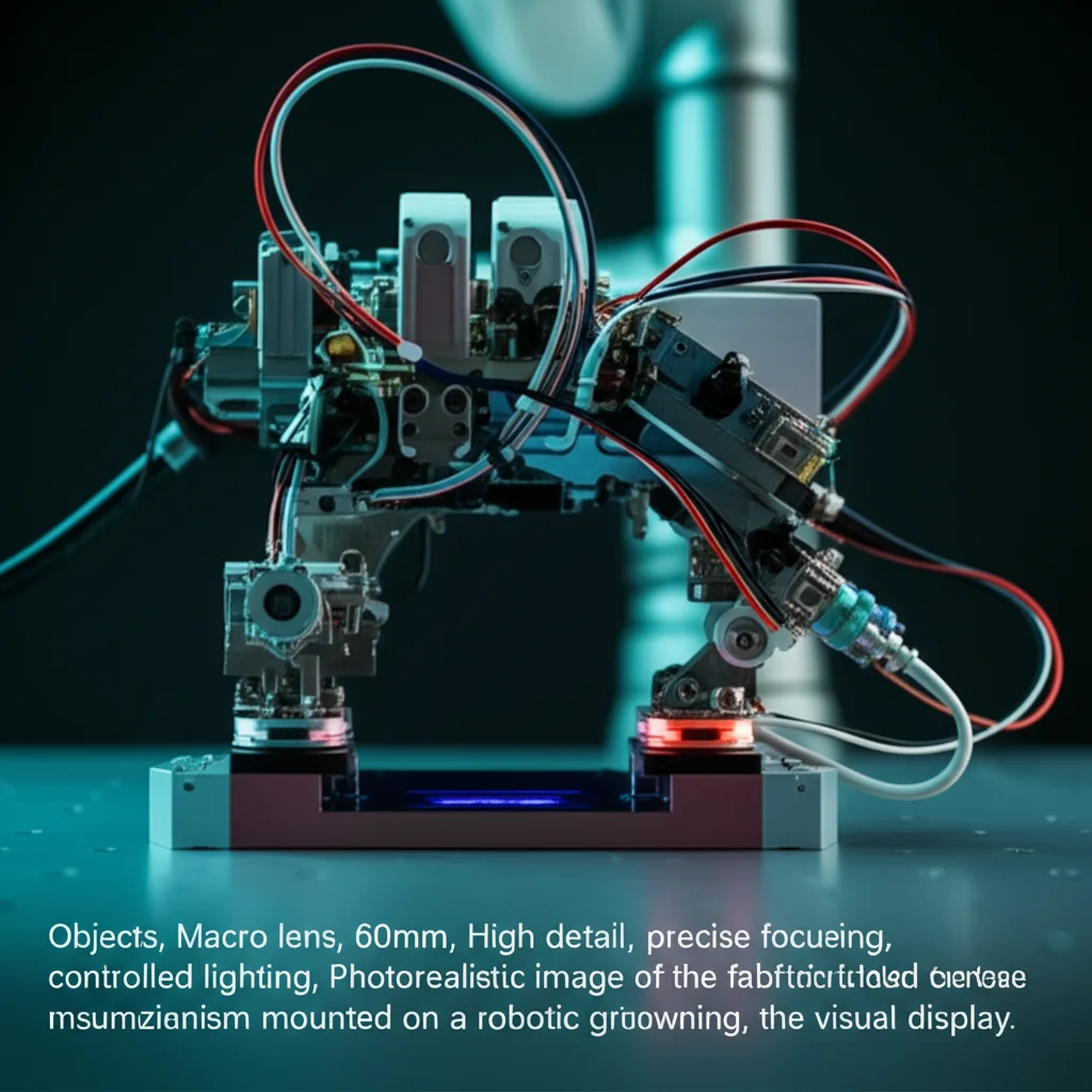 Objects, Macro lens, 60mm, High detail, precise focusing, controlled lighting, Photorealistic image of the fabricated force visualization mechanism mounted on a robotic gripper, showing the visual display.