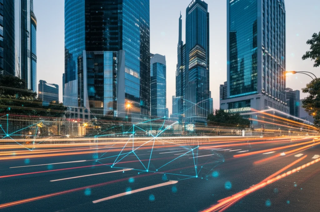Photorealistic image of a modern city street scene at dusk, with subtle digital data points and lines overlaid, wide-angle lens, 10mm, long exposure, sharp focus.