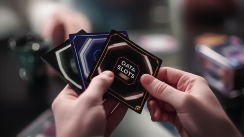 Photorealistic still life image showing hands holding different 'Data Slots' game cards, some overlapping, with a blurred background suggesting a discussion or game session, macro lens, 60mm, precise focusing, controlled lighting.