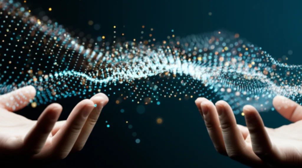 Conceptual photorealistic image showing data points or abstract digital shapes flowing and changing color or form as they move between different hands or scenarios, representing the dynamic and changing value of data, macro lens, 105mm, high detail, controlled lighting.