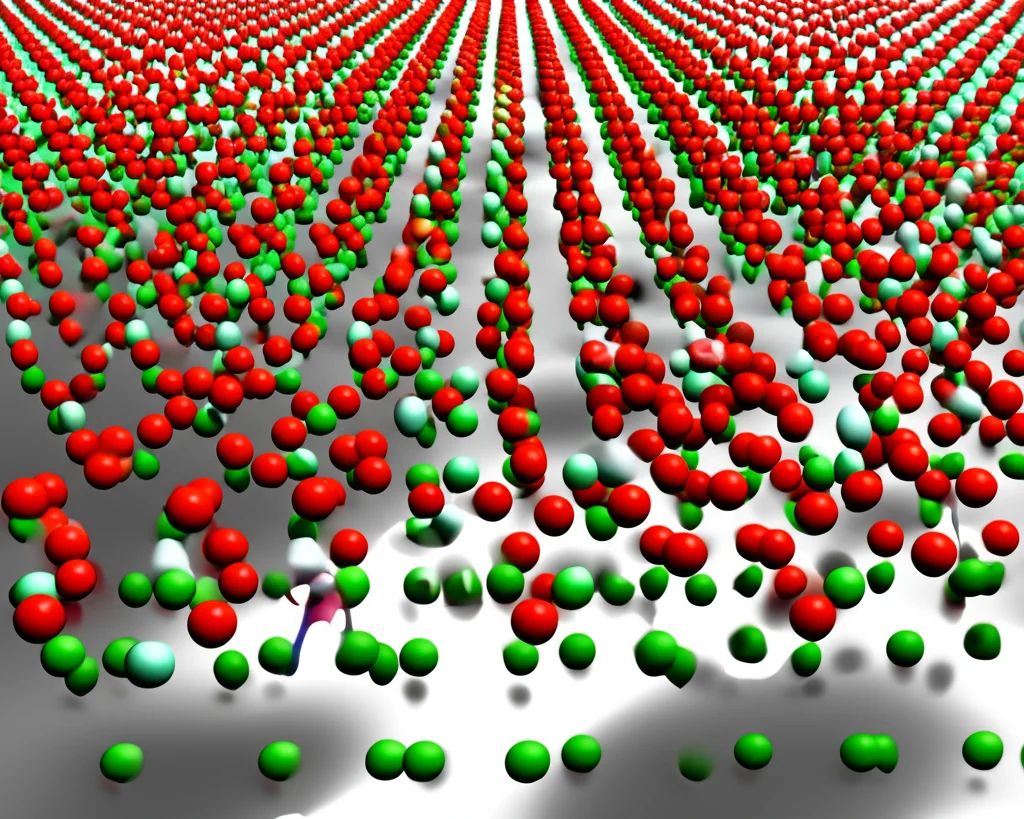 High detail molecular dynamics simulation showing water molecules near a flat platinum surface. Some molecules are highlighted in green and red, representing forming ice crystals. Precise focusing, controlled lighting.