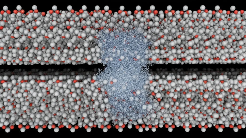 Molecular dynamics simulation snapshot showing water molecules within a nanoslit structure. An ice cluster is visible forming in the substrate region between the slits. High detail, precise focusing.