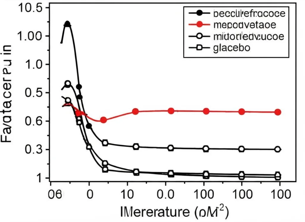 Graph showing plasma concentration of fructose over time after a fructose challenge, comparing placebo to different doses of a drug, high detail, precise focusing, controlled lighting.