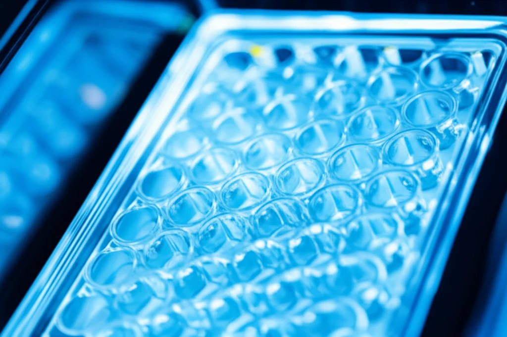 Close-up macro shot of a microplate or vials in a laboratory setting, illuminated by controlled lighting, 60mm macro lens, high detail, scientific research context
