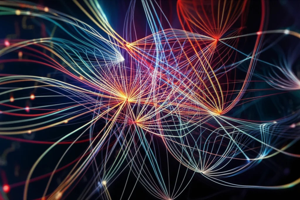 Photorealistic image showing abstract biological pathways or molecular interactions, possibly involving microRNAs, high detail, controlled lighting, biological research context