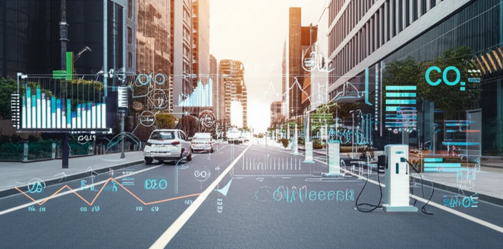 Wide-angle landscape 10mm of a clean, modern city street with electric vehicles charging, overlaid with subtle data visualizations representing CO2 emission predictions.