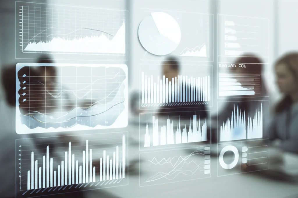 Macro lens 100mm, high detail, precise focusing on a screen displaying complex data charts and graphs showing CO2 emission prediction results, with a blurred background of people in a meeting room.