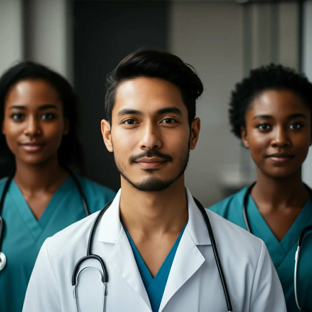 Portrait photography of diverse individuals in a clinical setting, 35mm lens, focusing on expressions of hope and resilience.