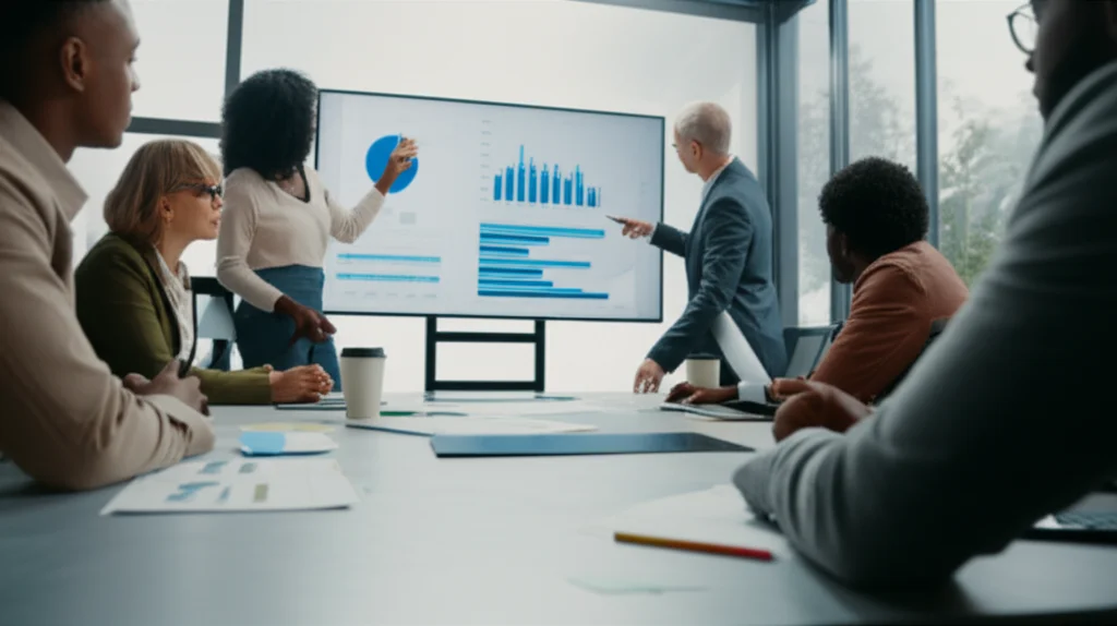 A group of researchers in a meeting room discussing data on a screen, 24mm wide-angle lens, sharp focus, suggesting collaboration and problem-solving.