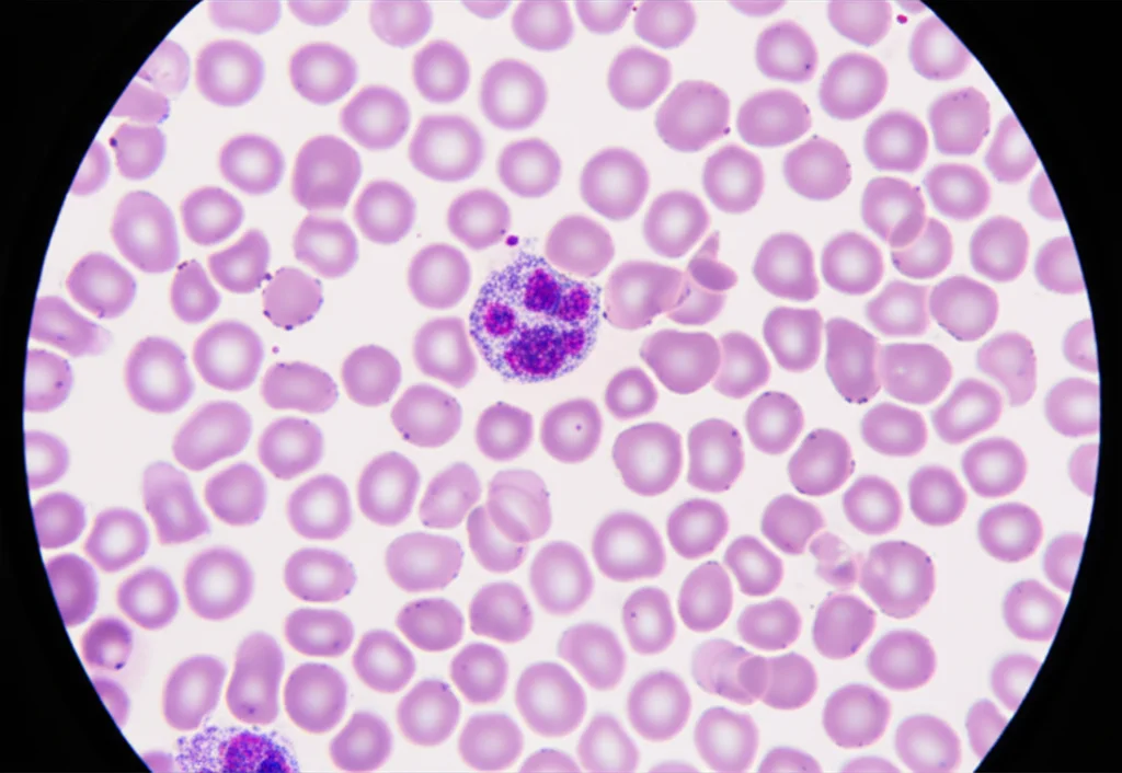 A macro lens shot at 100mm showing a blood smear slide under a microscope with high detail, representing malaria diagnosis.