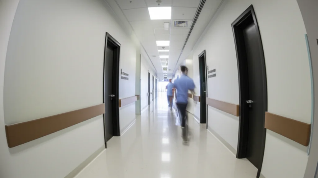 A wide-angle shot of a modern hospital corridor, 24mm wide-angle lens, sharp focus, long exposure to show slight motion blur of figures, controlled lighting.