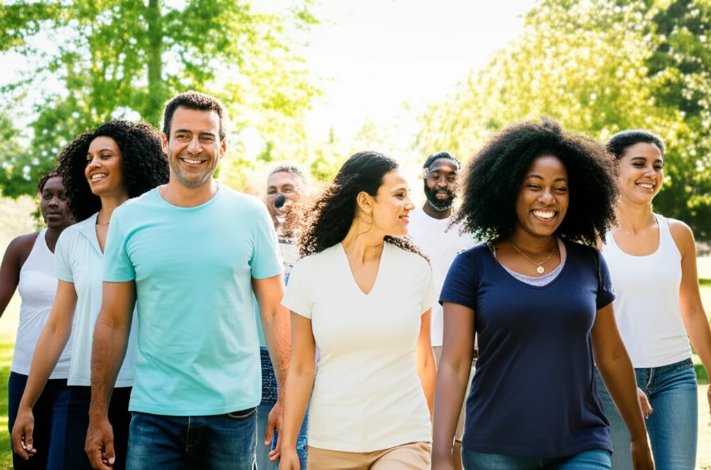 A diverse group of people smiling and walking in a park, representing health and prevention, wide angle lens, 24mm, sharp focus.