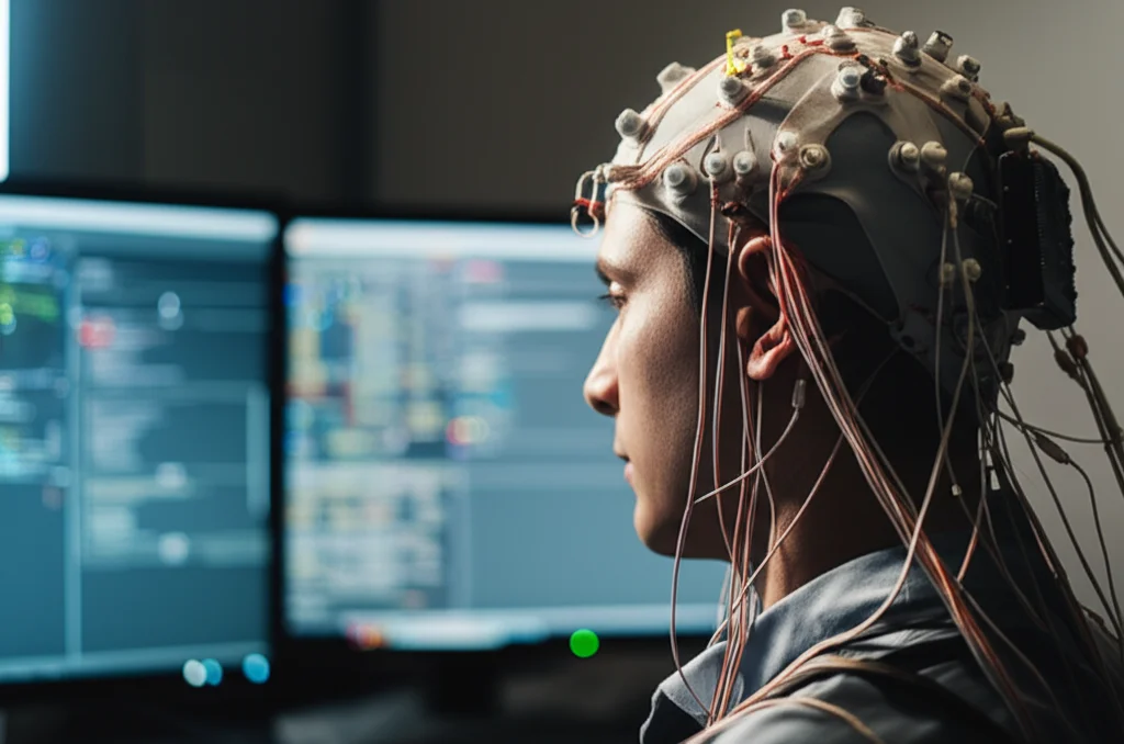 A person wearing an EEG cap, sitting in front of a computer screen displaying a complex interface with letters and flashing elements. The image uses a 35mm portrait lens with depth of field to focus on the person's face and the screen, captured with controlled lighting for a professional look.