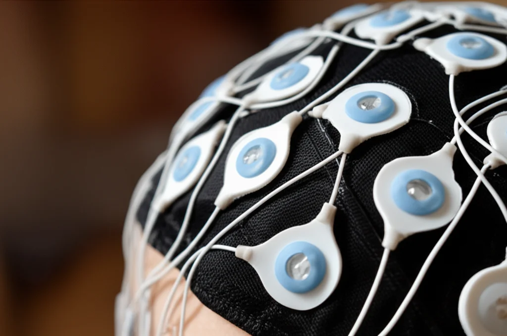 A close-up, high-detail macro shot of EEG electrodes on a cap, showing the conductive gel and the connection points. Use a 60mm macro lens with precise focusing and controlled lighting to highlight the technical details.