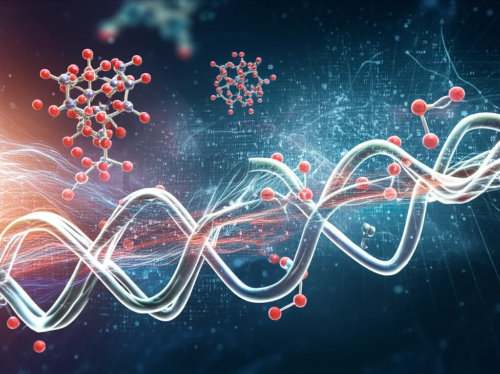 Macro lens, 60mm, high detail shot of complex molecular structures intertwined with abstract data streams, controlled lighting, representing the intricate challenge of drug design.