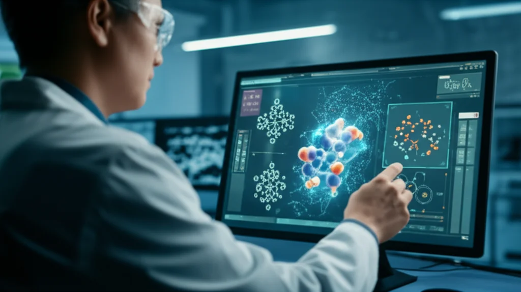 Wide-angle shot, 10mm, sharp focus, showing a researcher interacting with a futuristic AI interface displaying molecular tokens and 3D structures, representing the Token-Mol concept.