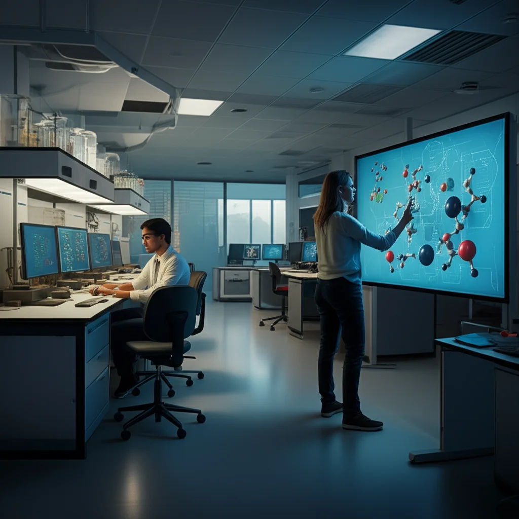 Wide-angle landscape of a modern research lab, 24mm, depth of field, with a researcher having a conversation with a large screen displaying molecular models, representing the conversational AI interface potential.