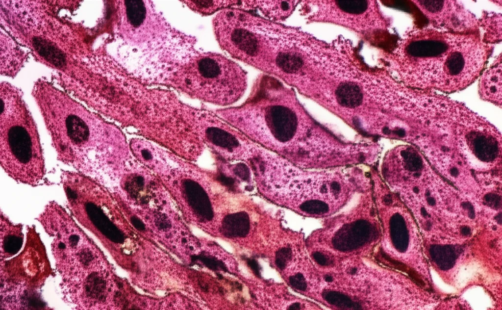Macro lens, 105mm, high detail, precise focusing, controlled lighting, microscopic view of inflamed esophageal tissue cells under stress, showing cellular damage and inflammatory markers.